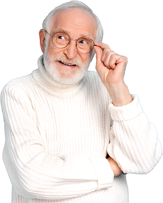 Smiling senior man adjusting glasses representing AgeSMART’s vision for coordinated senior support and confident independent living