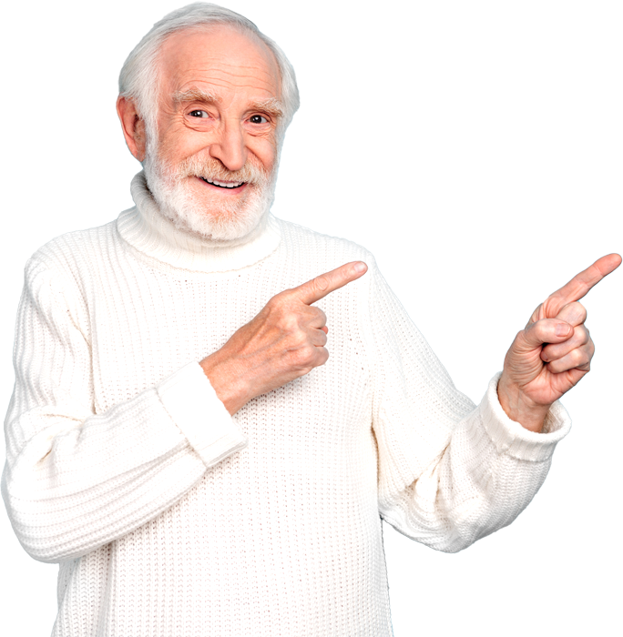 Smiling senior man pointing with both hands representing AgeSMART core values of compassion, trust, collaboration, and excellence in senior support