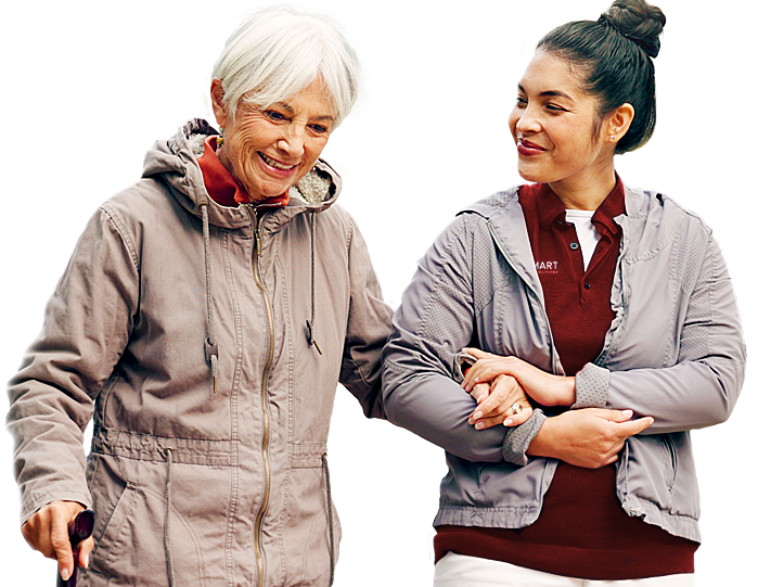 Senior companion care in Salt Lake County showing an older woman walking with a caregiver and sharing supportive companionship